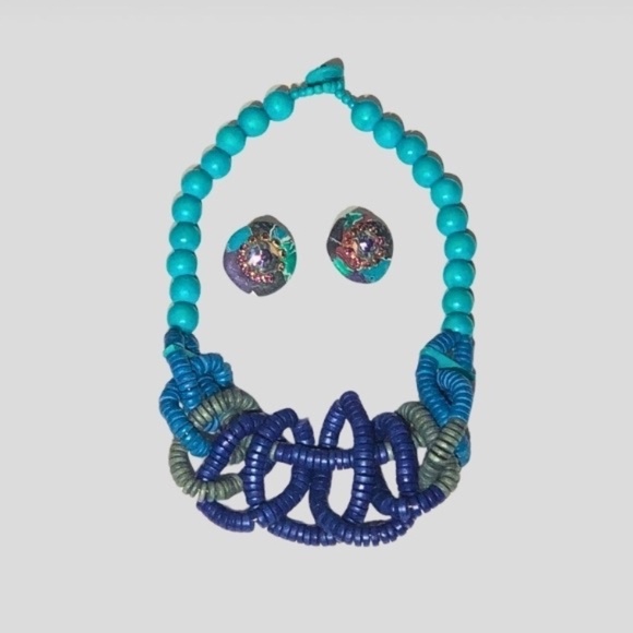 Vintage Beaded Resin Necklace With Artistic Clip-On Earrings Blue Turquoise W OS - Picture 1 of 5